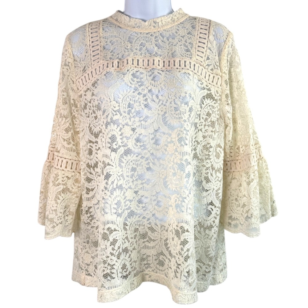 Cream Sheer Lace Bell Sleeve Top Sz M Boho Chic Romantic Cottage‎ French Girl - Picture 2 of 8